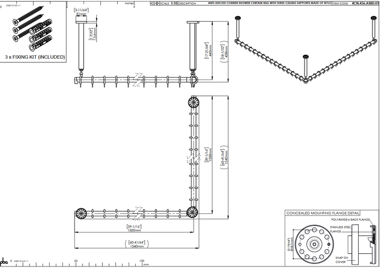 Technische Zeichnung einer Eck-Duschvorhangstange aus Nylon mit drei Deckenstützen, 1500 mal 1500 Millimeter, inklusive Befestigungsset und pba Logo.