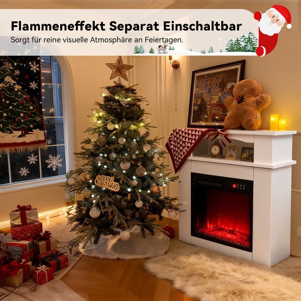 Weihnachtszene mit geschmücktem Weihnachtsbaum, Geschenken und Elektrokamin mit zuschaltbarem Flammeneffekt für festliche Atmosphäre