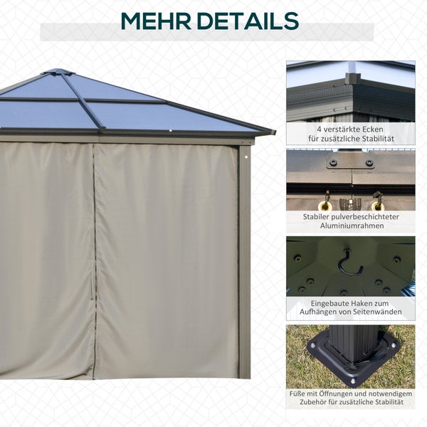 Outsunny Pavillon, mit lichtdurchlässigem PC Dach, 295 x 295 x 265 cm, Alu, Grau