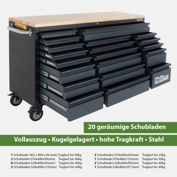 Werkstattwagen Deluxe XXL Anthrazit unbestückt 160 x 91 cm 20 Schubladen Werkbank Sideboard