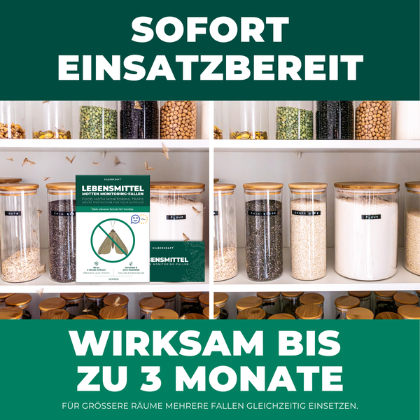 Silberkraft Lebensmittelmotten-Monitoring-Fallen vor Vorratskammer mit verschiedenen Lebensmitteln in Glasbehältern.