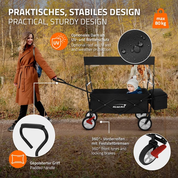 Hauki Bollerwagen L faltbar mit Dach, Schwarz, Handwagen klappbar, Transportwagen für Kinder, Gerätewagen inkl. 2x Netztaschen & 1x Außentasche, Vorderrad-Bremse, bis 80 kg, Transportkarre Kinderwagen