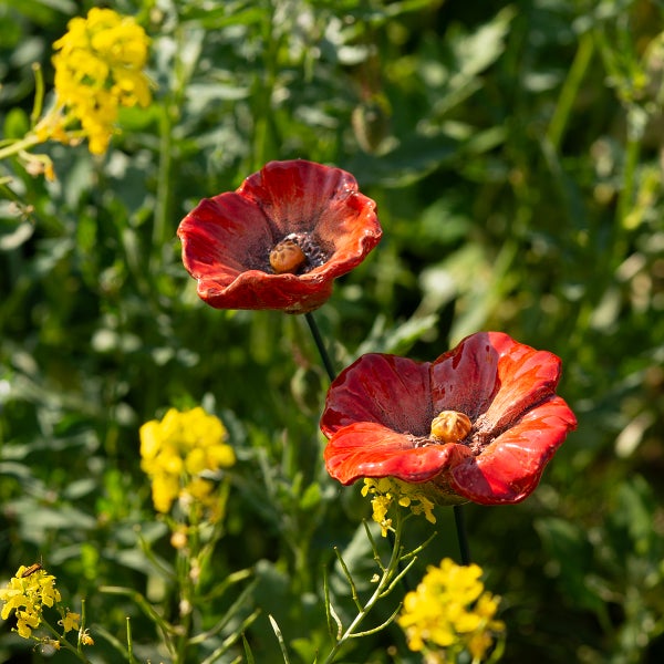Dekorative Gartenstecker in Form von Mohnblumen zwischen grünen Pflanzen und gelben Blumen