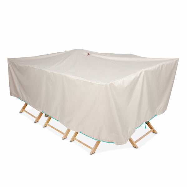 Beige Schutzhülle für Gartenmöbel aus Textilgewebe, passend für Sitzgruppen, mit integriertem Kordelzug zur Befestigung.