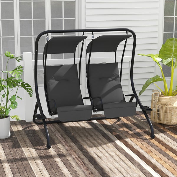 Hollywoodschaukel 2-Sitzer mit schwarzem Metallgestell, grauen Polstern und separaten Sonnendächern auf einer Holzterrasse.