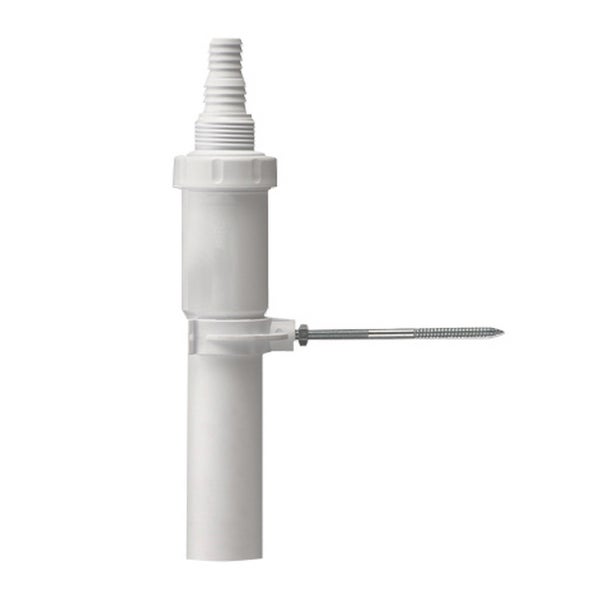 Weißes Siphon-Tauchrohr aus Kunststoff mit abgestuftem Schlauchanschluss und integrierter Wandbefestigungsschraube.