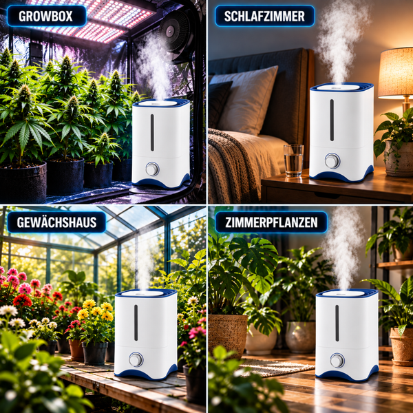 Luftbefeuchter im Einsatz in Growbox Schlafzimmer Gewächshaus und bei Zimmerpflanzen