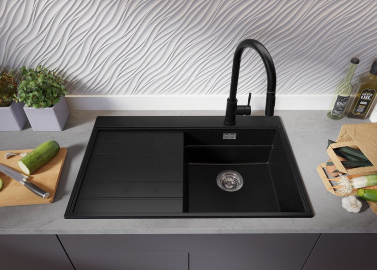 PRIMAGRAN Spülbecken Schwarz 78x50cm, Granitspüle 1 Becken + Ablauf-Set + Küchenzubehörset, Küchenspüle ab 45er Unterschrank - Sydney