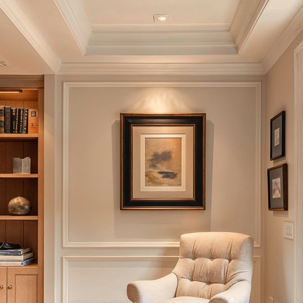 Klassisch gestalteter Wohnraum mit dekorativen Wand- und Deckenleisten, beleuchtetem Wandbild, Sessel und einem Holzregal.