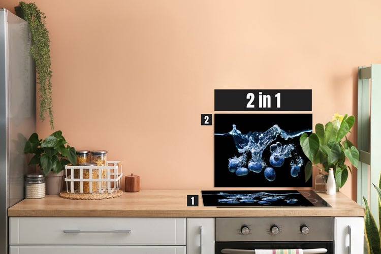 Herdblende-/Abdeckplatte Abdeckplatte Herd - Acrylglas Blaubeeren Wasser Obst Schwarz  | Spritzschutz | Küchenrückwand |  Lokal produziert Camping | COV00061 | 60cm x 52cm  x 0.4cm