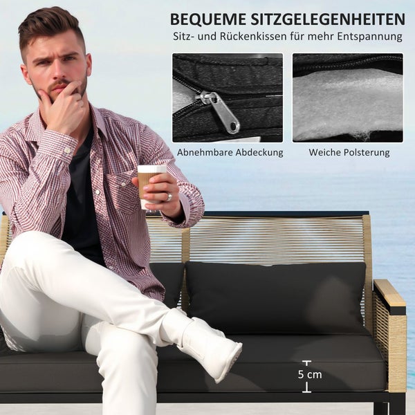 Outsunny Polyrattan Gartenmöbel Set 4 Personen, wetterfest Balkonmöbel-Set mit 2er Sofa, 2 Stühle Glastisch Sitzkissen, Outdoor Sitzgruppe, Terrassenmöbel Gartengarnitur für Garten Balkon, Schwarz