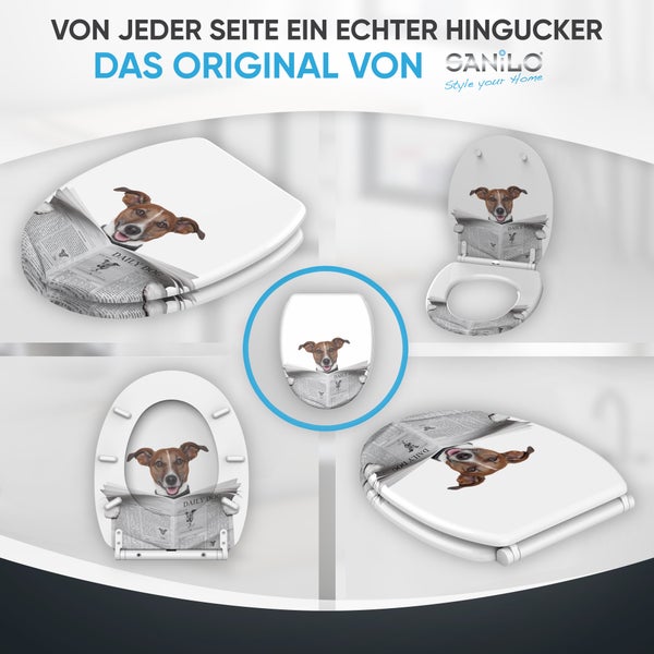 Sanilo WC-Sitz mit Motiv eines Jack Russell Terriers, der eine Zeitung liest, Sanilo Logo.