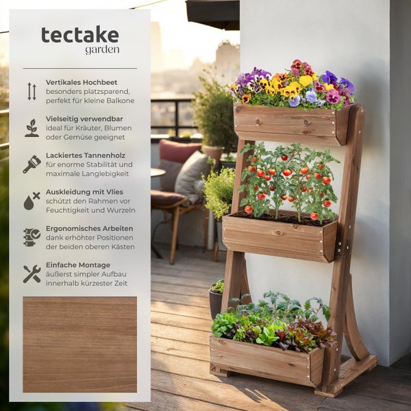 Vertikales Hochbeet aus lackiertem Tannenholz mit drei Pflanzkästen auf einem Balkon, Tectake Garden Logo.