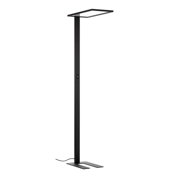 Moderne LED-Stehleuchte aus schwarzem Metall mit rechteckigem Leuchtkopf und flachem Standfuß.