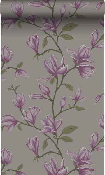 Origin Wallcoverings Tapete Magnolie Taupe und Aubergineviolett - 53 cm x 10.05 m - 347052
