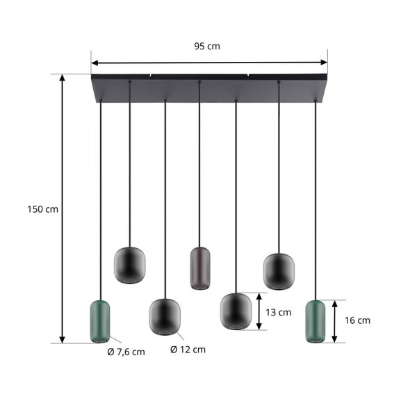 Mehrflammige Pendelleuchte mit 7 Glasschirmen. Breite 95 Zentimeter, Höhe 150 Zentimeter, Schirmdurchmesser 7,6 und 12 Zentimeter.