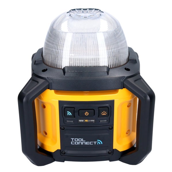 Akku LED Baustrahler mit 360 Grad Ausleuchtung, 18 Volt, robustes Gehäuse mit Tragegriffen und Tool Connect Funktion.