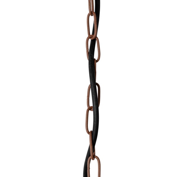 Metallkette in Rost-Optik mit eingeflochtenem schwarzem Kabel für Leuchten.