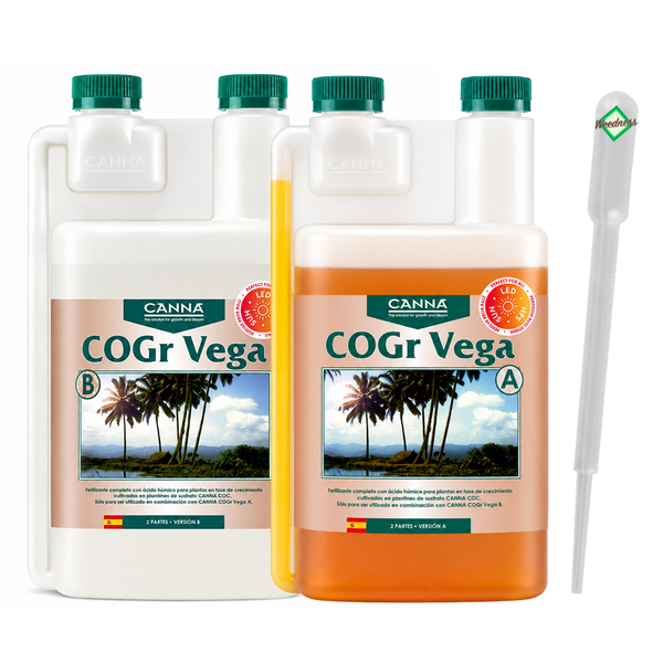 Zwei Flaschen Canna COGr Vega Pflanzendünger Teil A und B mit Dosierpipette für das Wachstum auf Kokossubstrat