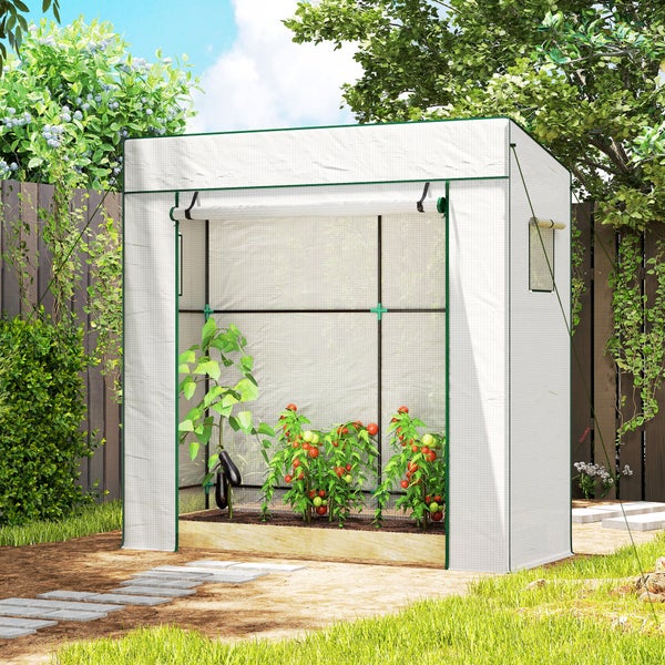 Begehbares Folien-Gewächshaus im Garten mit hochgerollter Front über einem Hochbeet mit Tomaten- und Auberginenpflanzen.