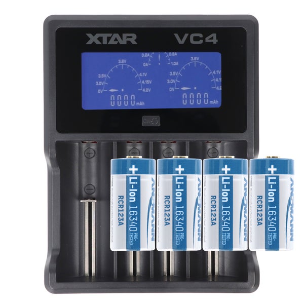 CR123 A Li-Ion Akku mit 3,7 Volt, max. 850mAh 4 Stück und LCD-Schnell-Ladegerät