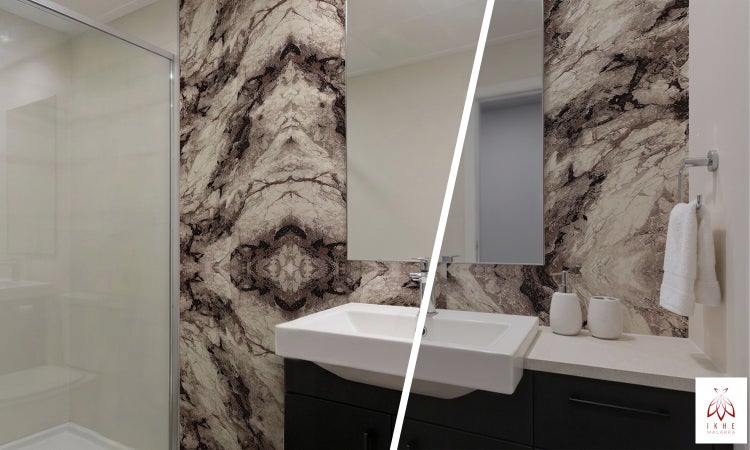 Modernes Badezimmer mit Dusche, Waschtisch und Wandverkleidung in Marmoroptik