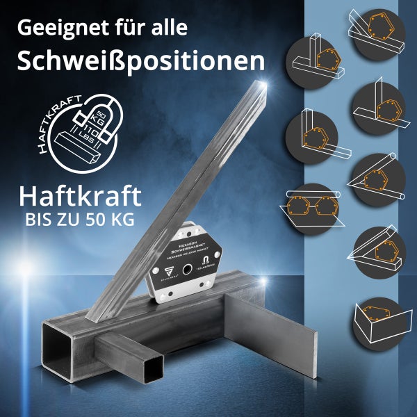 Schweißmagnet geeignet für alle Schweißpositionen mit bis zu 50 Kilogramm Haftkraft
