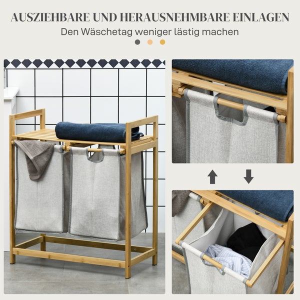 HOMCOM Bambus Wäschekorb 2 Fächer 81,2 L Wäschesammler mit 2 abnehmbaren Wäschesacke, Griff, Plattform, Laundry Baskets Wäschebox, für Waschküche Schlafzimmer Badezimmer Natur