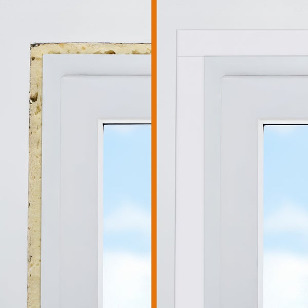 Vorher Nachher Vergleich der Fensterlaibungsverkleidung mit Montageleisten an einem Kunststofffenster.