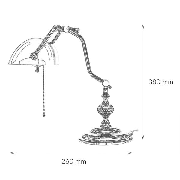 Technische Zeichnung einer Schreibtischlampe mit den Maßen 380 mm Höhe und 260 mm Breite