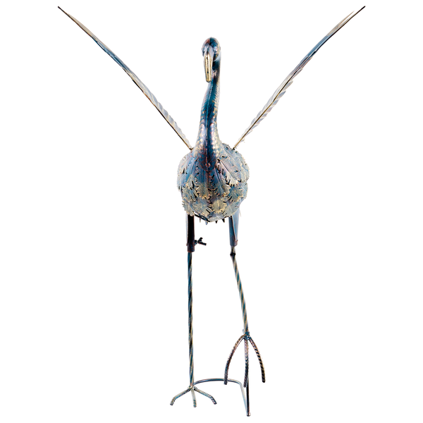 Gartenfigur Kranich aus Metall mit ausgebreiteten Flügeln