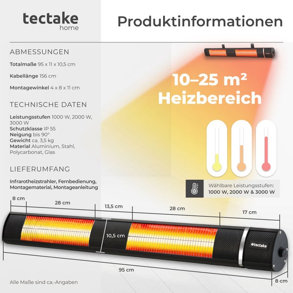 Tectake Logo und Infografik eines Infrarotheizstrahlers mit technischen Daten, Abmessungen und Heizbereich für eine Terrasse.