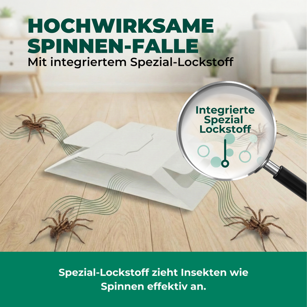 Hochwirksame Spinnenfalle mit integriertem Spezial Lockstoff dargestellt mit Spinnen und Lupe