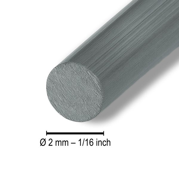 Rundstab aus Metall mit einem Durchmesser von 2 Millimetern oder 1/16 Zoll.