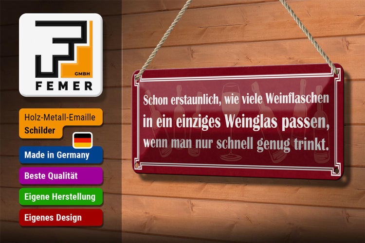Blechschild Spruch 27x10cm wie viele Weinflaschen Weinglas Dekoration