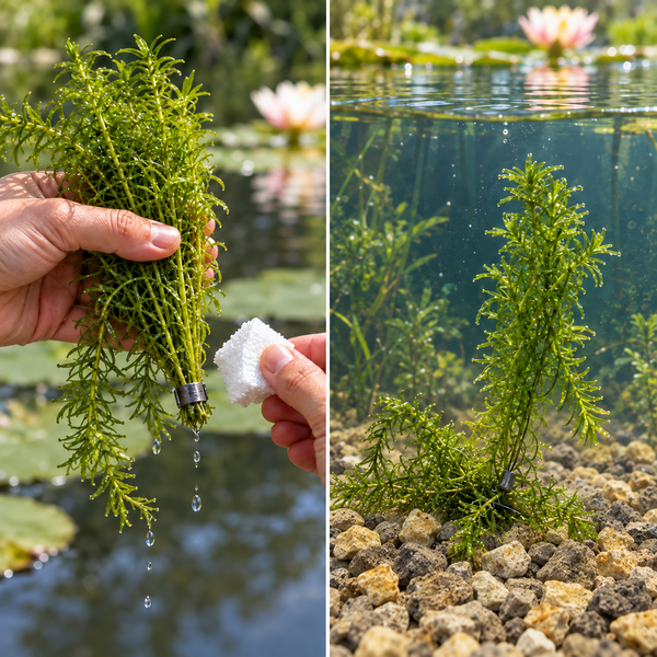 Teichpflanze Wasserpest mit Beschwerungsring zum Einpflanzen am Teichgrund.