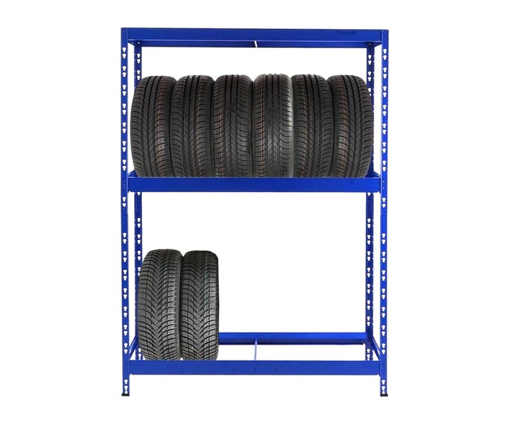 Reifenregal aus Metall in Blau mit zwei Ebenen, beladen mit Autoreifen.