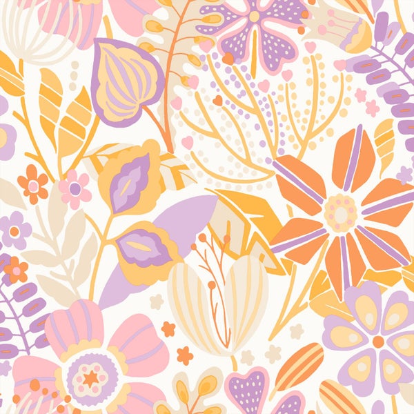 Tapete mit stilisiertem Blumenmuster und verschiedenen Blättern im modernen Design.