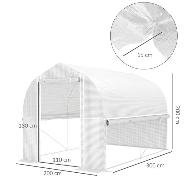 Outsunny Gewächshaus 3 x 2 x 2 m Foliengewächshaus mit 4 Fenster & Tür, Aufrollbar Seitenwänden, UV-beständiger Folientunnel Tomatenhaus mit verzinkten Stahlrahmen, Weiß