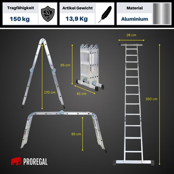 Aluminium-Mehrzweckleiter, Tragkraft 150 Kilogramm, Gewicht 13,9 Kilogramm. Höhen: Stehleiter 170, Plattform 95, ausgezogen 350 Zentimeter. Proregal Logo.