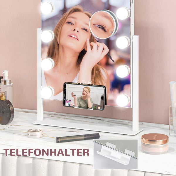 HOMCOM Hollywood Spiegel mit Beleuchtung, Schminkspiegel mit 12 LED Licht, 3 Lichtfarben, 360° Drehbar Kosmetikspiegel mit USB-Ladeanschluss, 10X Vergrößerung, Handyhalterung und Touchschalter