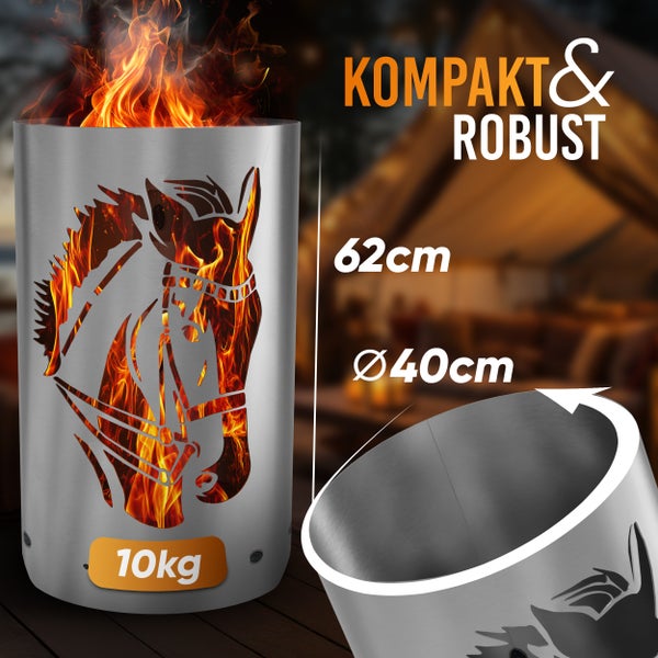 Feuerstelle aus Stahl mit Pferde-Motiv, 62 cm hoch und 40 cm Durchmesser