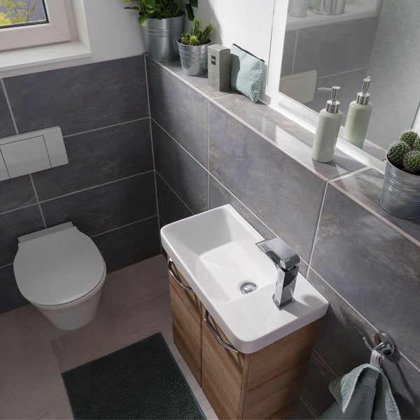 FACKELMANN MILANO Gäste-WC Set, 55 cm Breite, Korpus & Front Braun hell, Badschrank mit Soft-Close-System, Waschbecken + Waschbeckenunterschrank inkl. 2 Schubladen