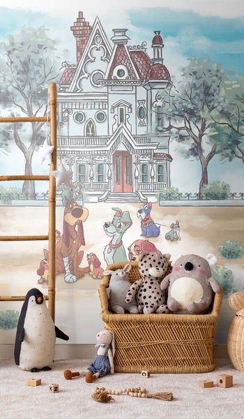 Kinderzimmer mit Hundetapete, Korb und Spielzeug