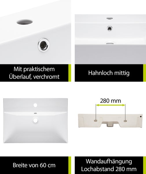 aquaSu® Moderner Waschtisch Malea 60 cm | Design-Waschbecken mit Überlauf und Hahnloch | Hänge-Waschbecken modern | Waschtisch wandhängend | 60 x 42 cm | Sanitärkeramik in weiß | 562300