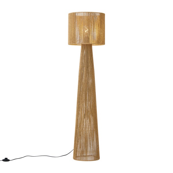 Stehleuchte mit zylindrischem Schirm und konischem Standfuß aus Seilgeflecht inklusive Kabelschalter.