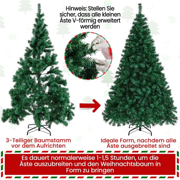 Anleitung zum Aufstellen eines künstlichen Weihnachtsbaums mit dreiteiligem Baumstamm und dem Ausrichten der Äste.