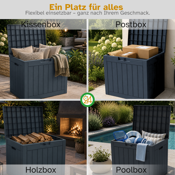 Vielseitige dunkelgraue Garten-Aufbewahrungsbox für Kissen, Pakete, Holz und Poolzubehör in verschiedenen Außenbereichen.