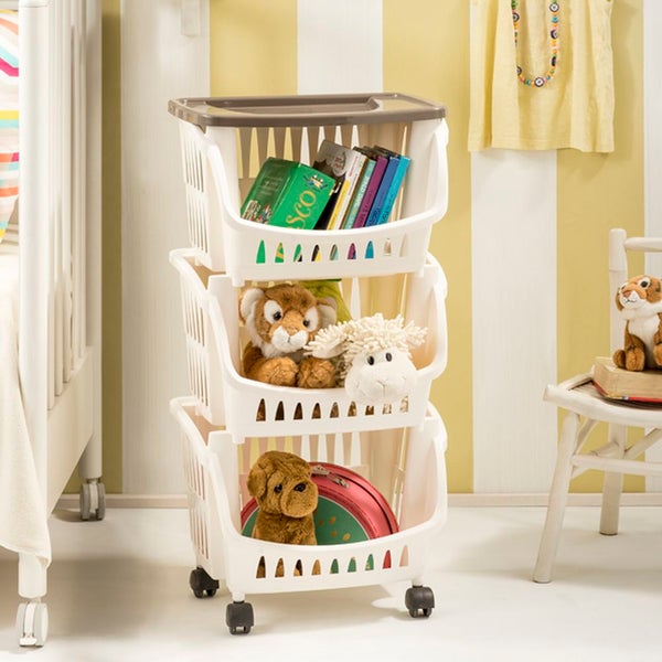 Rollcontainer mit drei Körben für Spielzeug und Bücher im Kinderzimmer