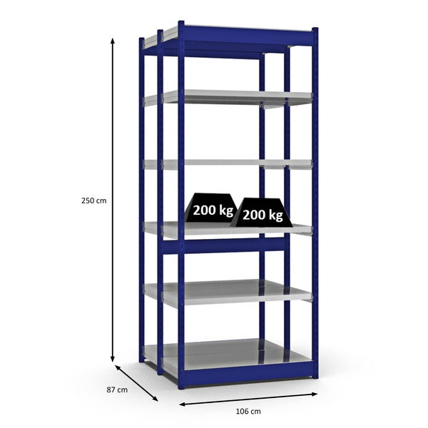 PROREGAL Fachbodenregal Stecksystem Vierkant-Profil Grundregal HxBxT 250 x 102,5 x 40 cm 2x6 Ebenen Doppelseitige Bauart Fachlast 200 kg Enzianblau
